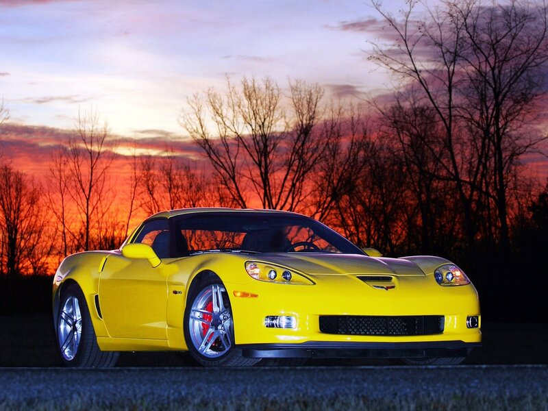 Yellow Corvette Sports Car — Dramatic, Sunset, Photograph, Trees