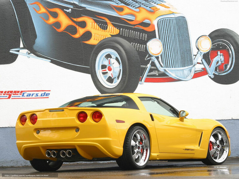 Yellow Corvette with flame mural