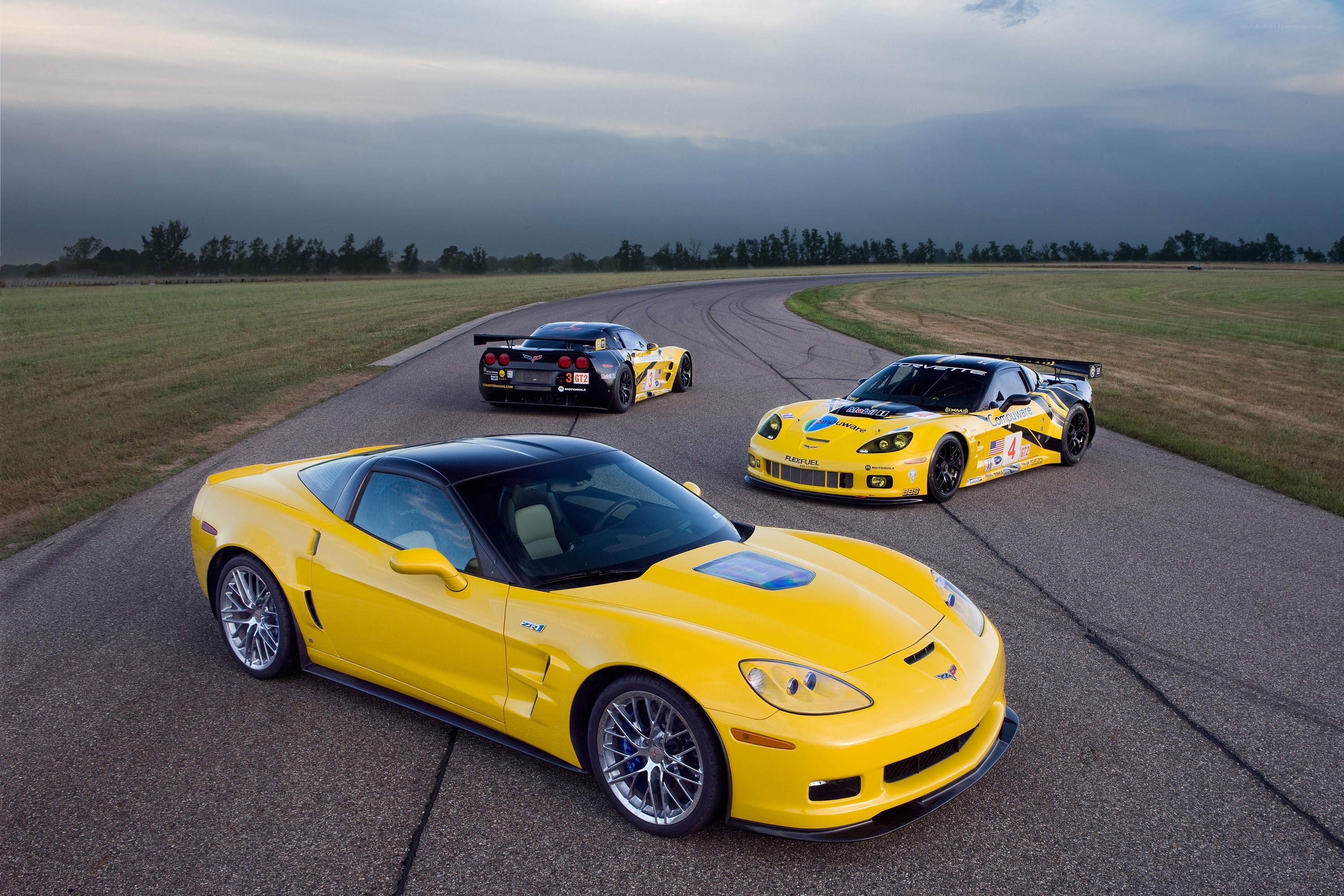 Yellow Corvettes on a racetrack