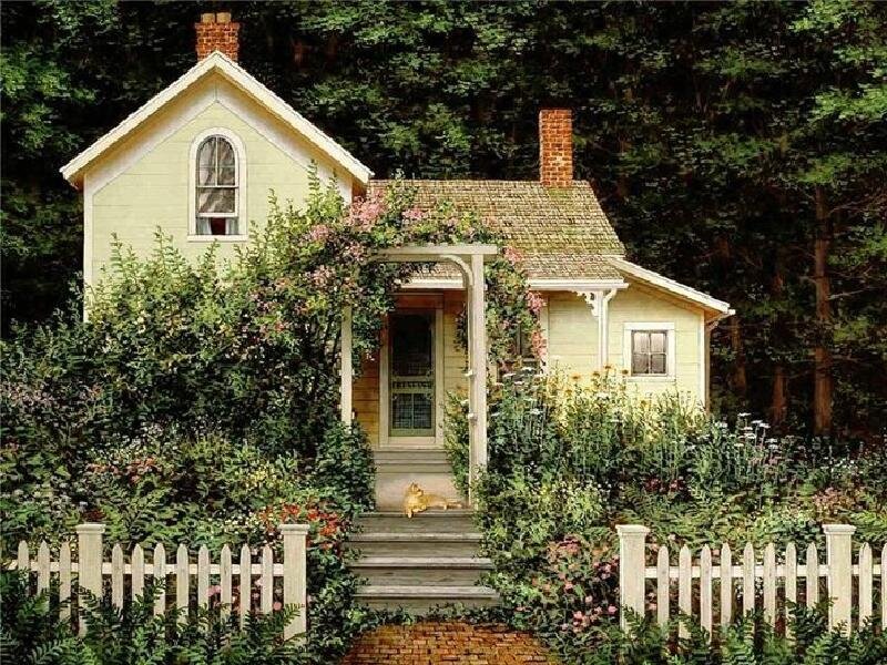 Yellow Cottage with Cat
