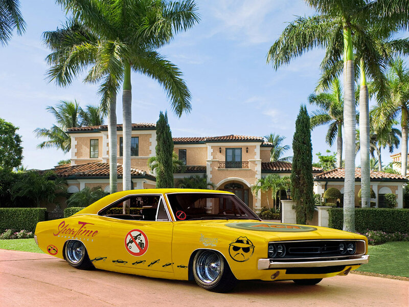 Yellow custom car in front of mansion