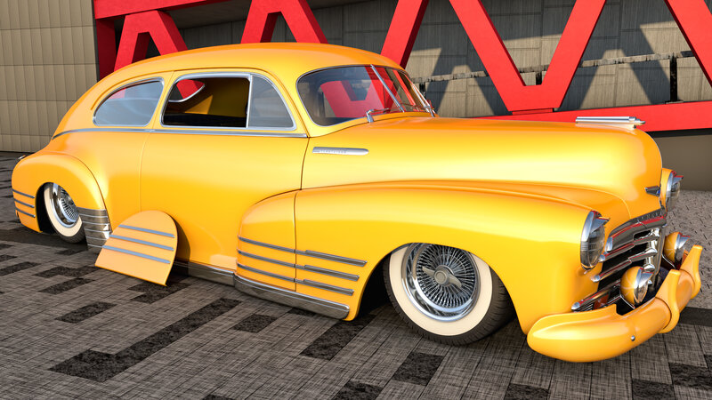 Yellow Custom Car — Showcase, Afternoon, 3d Render