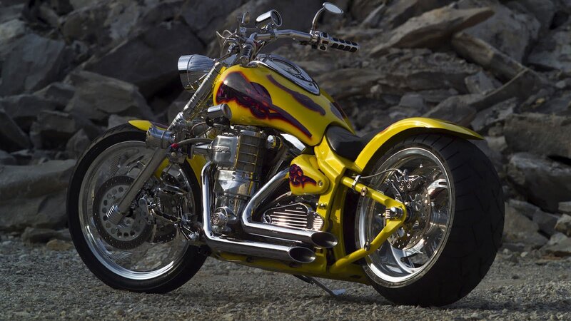 Yellow Custom Chopper Motorcycle — Dramatic, Afternoon