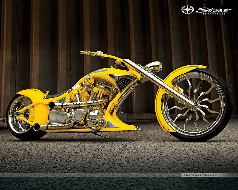 Yellow Custom Chopper Motorcycle — Dramatic, Photograph, Engine