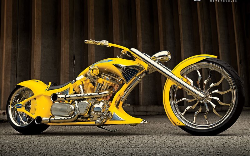 Yellow Custom Chopper Motorcycle — Dramatic, Photograph
