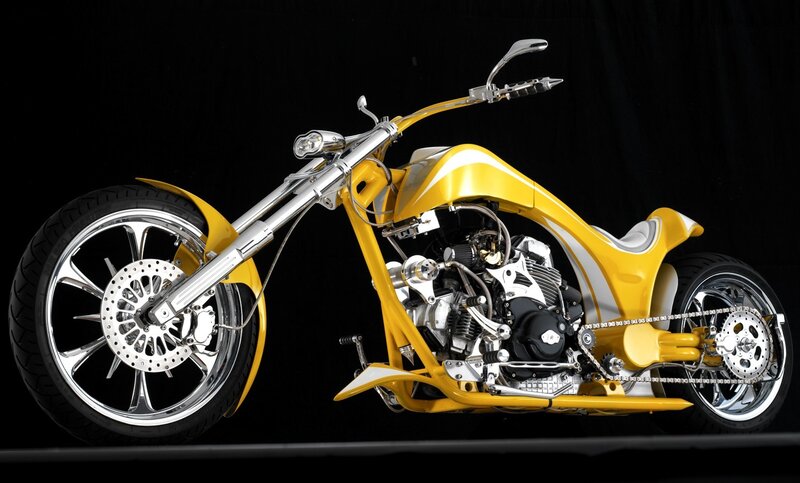 Yellow Custom Chopper Motorcycle — Dramatic