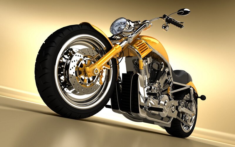 Yellow Custom Motorcycle — Dramatic, 3d Render, Headlight