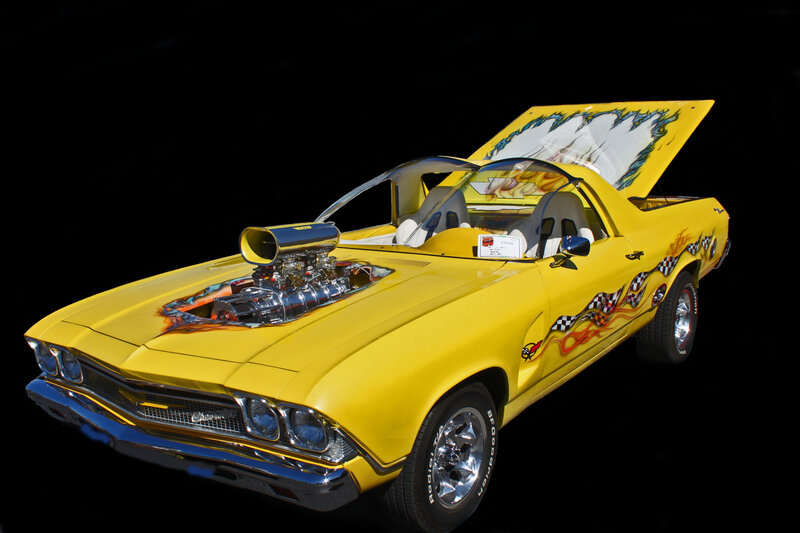 Yellow Custom Pickup Truck — Dramatic, Photograph, Open Hood