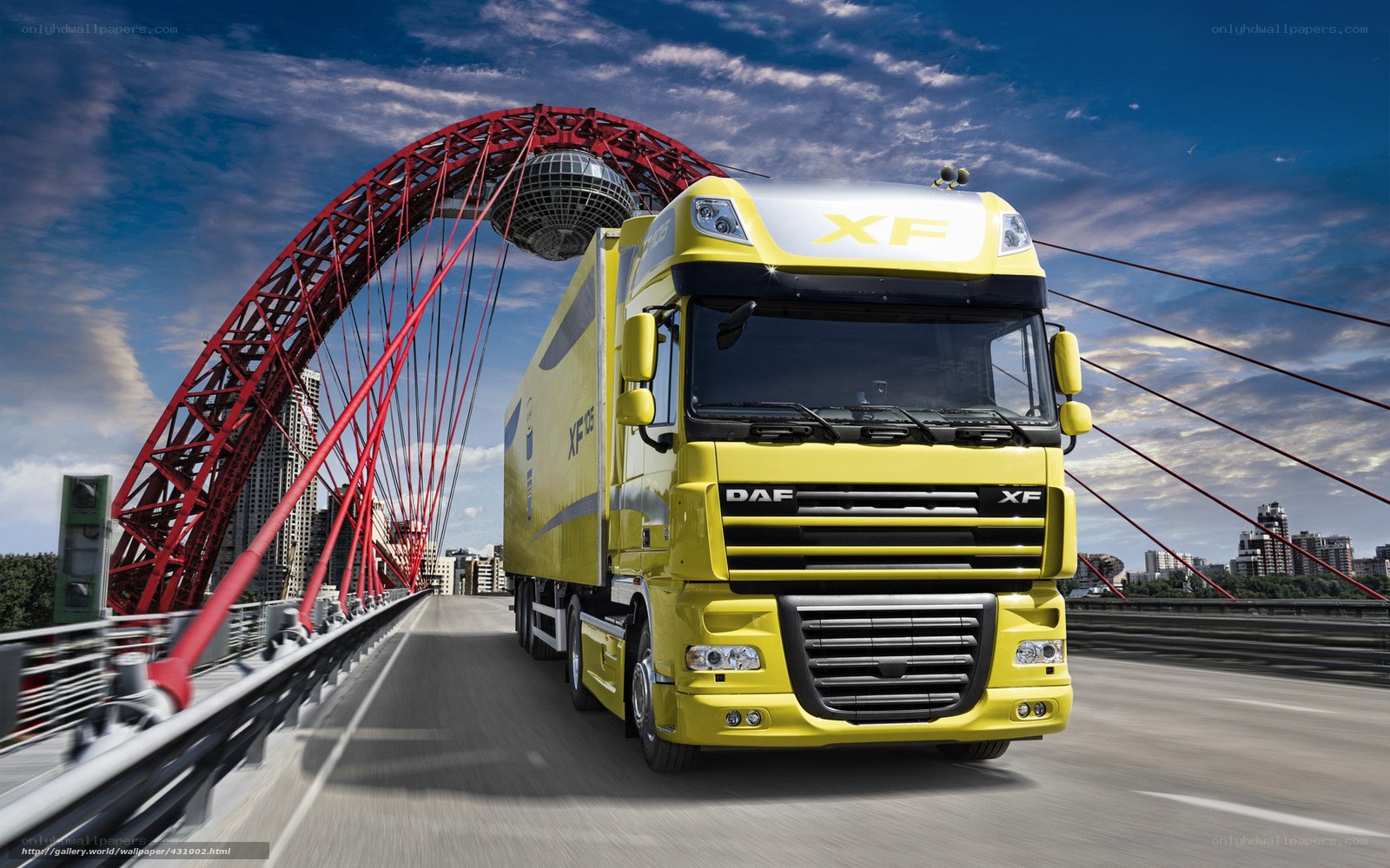 Yellow DAF XF truck on bridge