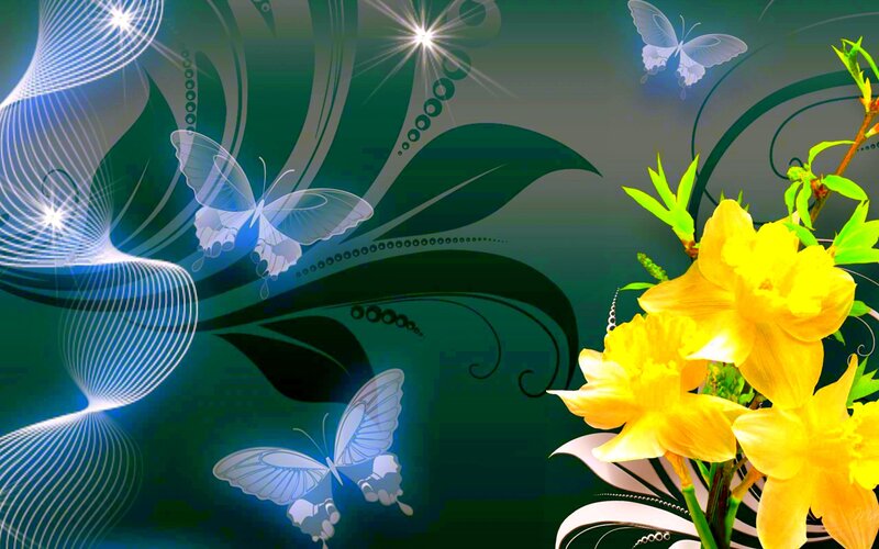 Yellow Daffodils and Butterflies — Green