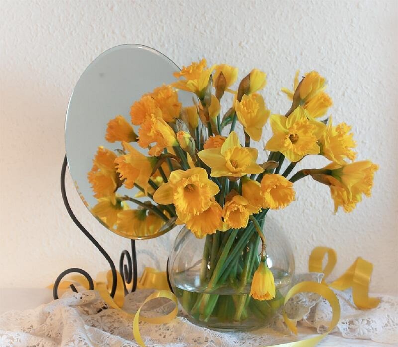 Yellow Daffodils in Vase — Calm, Spring, Photograph, Mirror, Lace