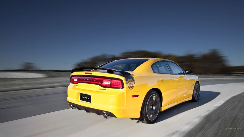 Yellow Dodge Charger — Dynamic, Afternoon, Photograph, Car, Road, Sky, Black