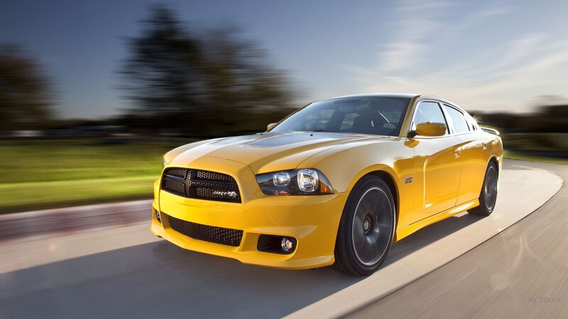 Yellow Dodge Charger — Dynamic, Afternoon, Photograph, Car, Road, Trees, Black, Gray