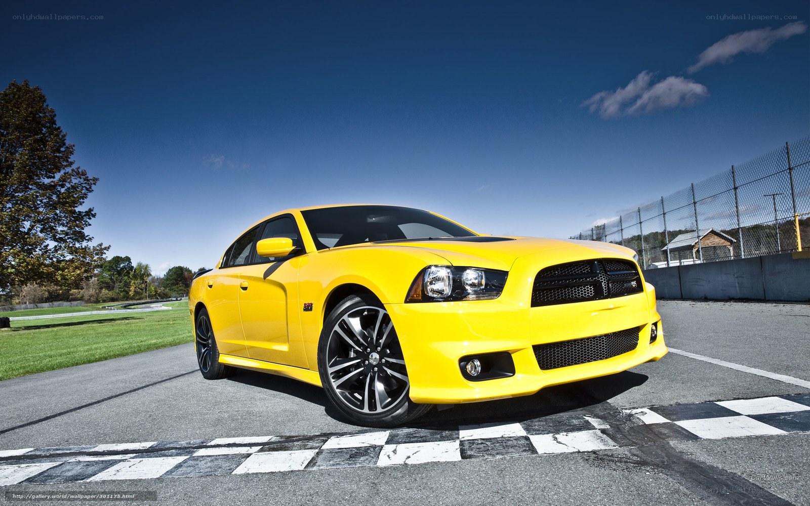 Yellow Dodge Charger on racetrack