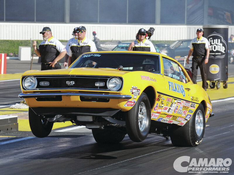 Yellow Drag Racing Car — Dynamic, Afternoon, Photograph, Men in Uniforms