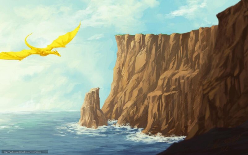 Yellow dragon flying over cliffs