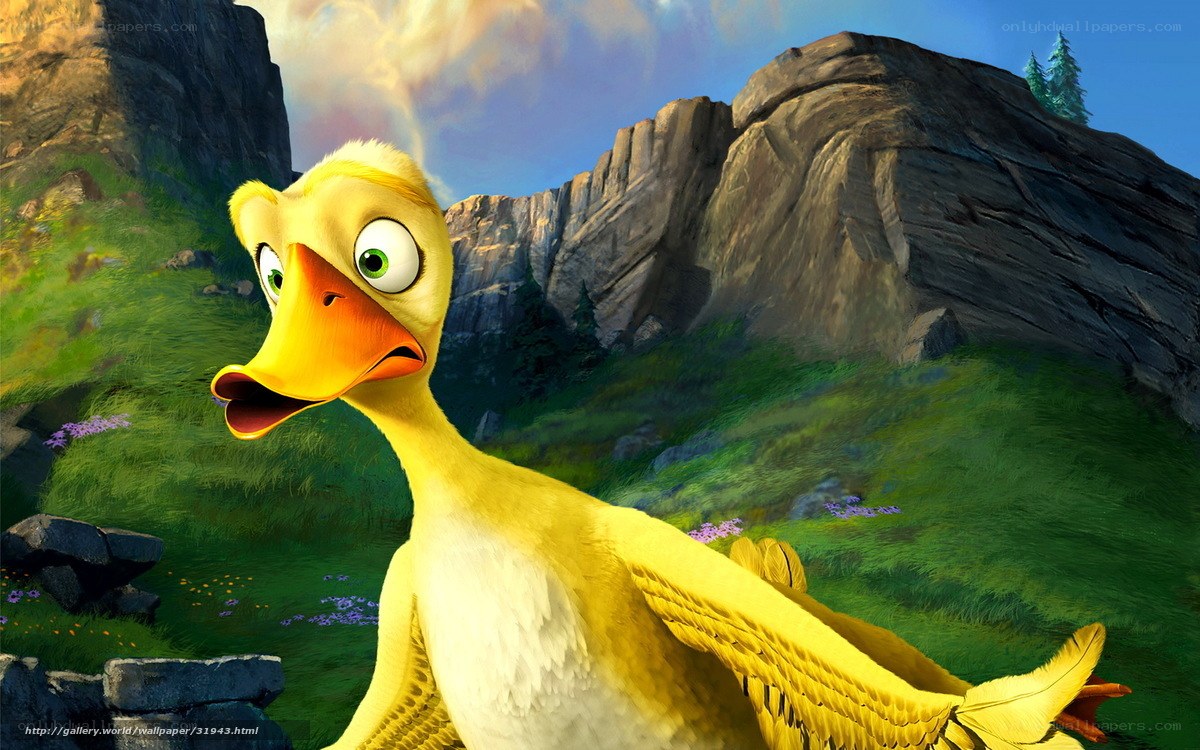 yellow duck in mountain landscape