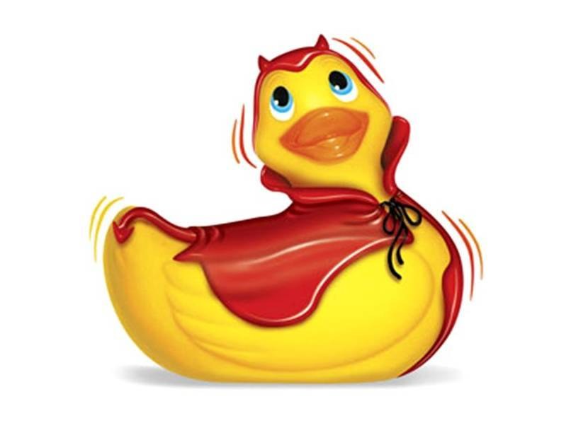 yellow duck in red cape