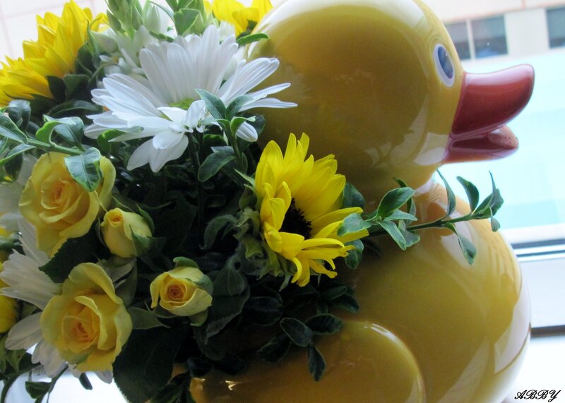Yellow Duck Vase with Flowers