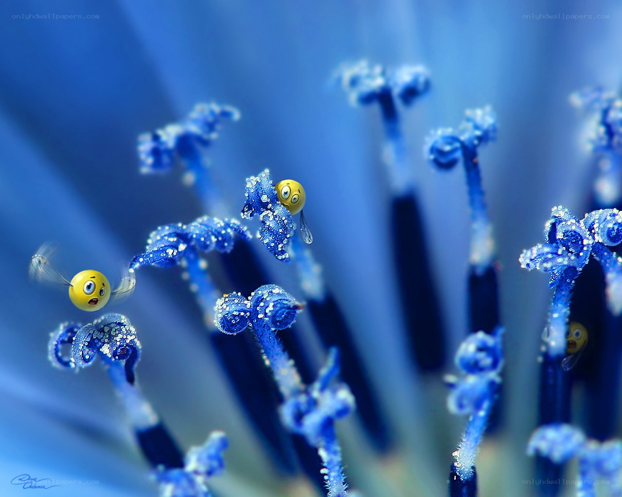 Yellow emoji bees on blue flower