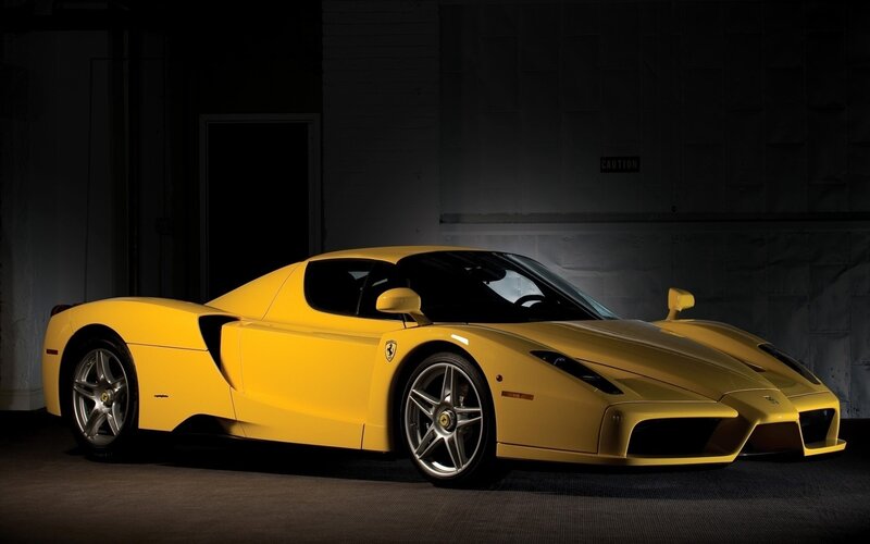 Yellow Ferrari Enzo — Dramatic, Photograph, Car, Garage, Wall, Black