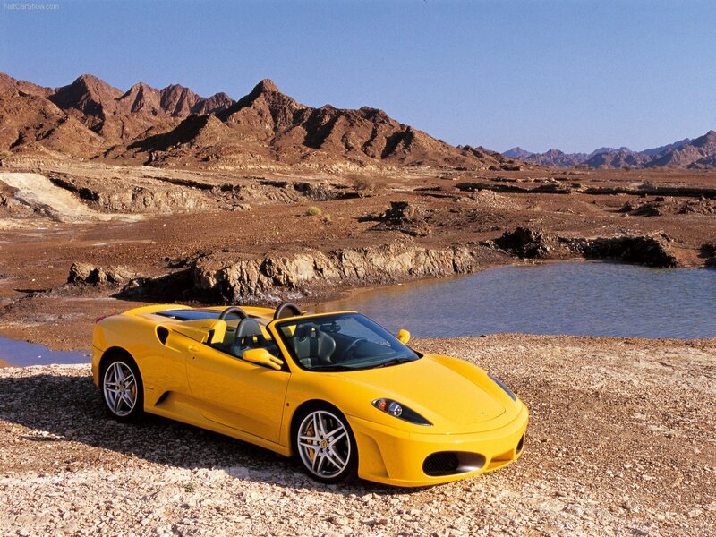 Yellow Ferrari in desert landscape