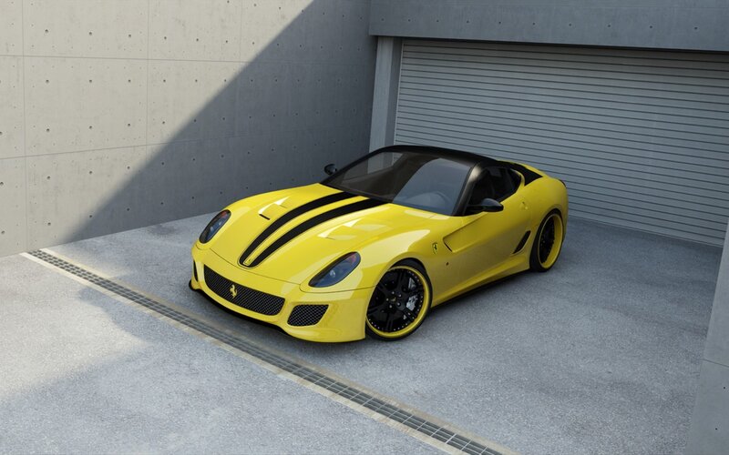 Yellow Ferrari in garage
