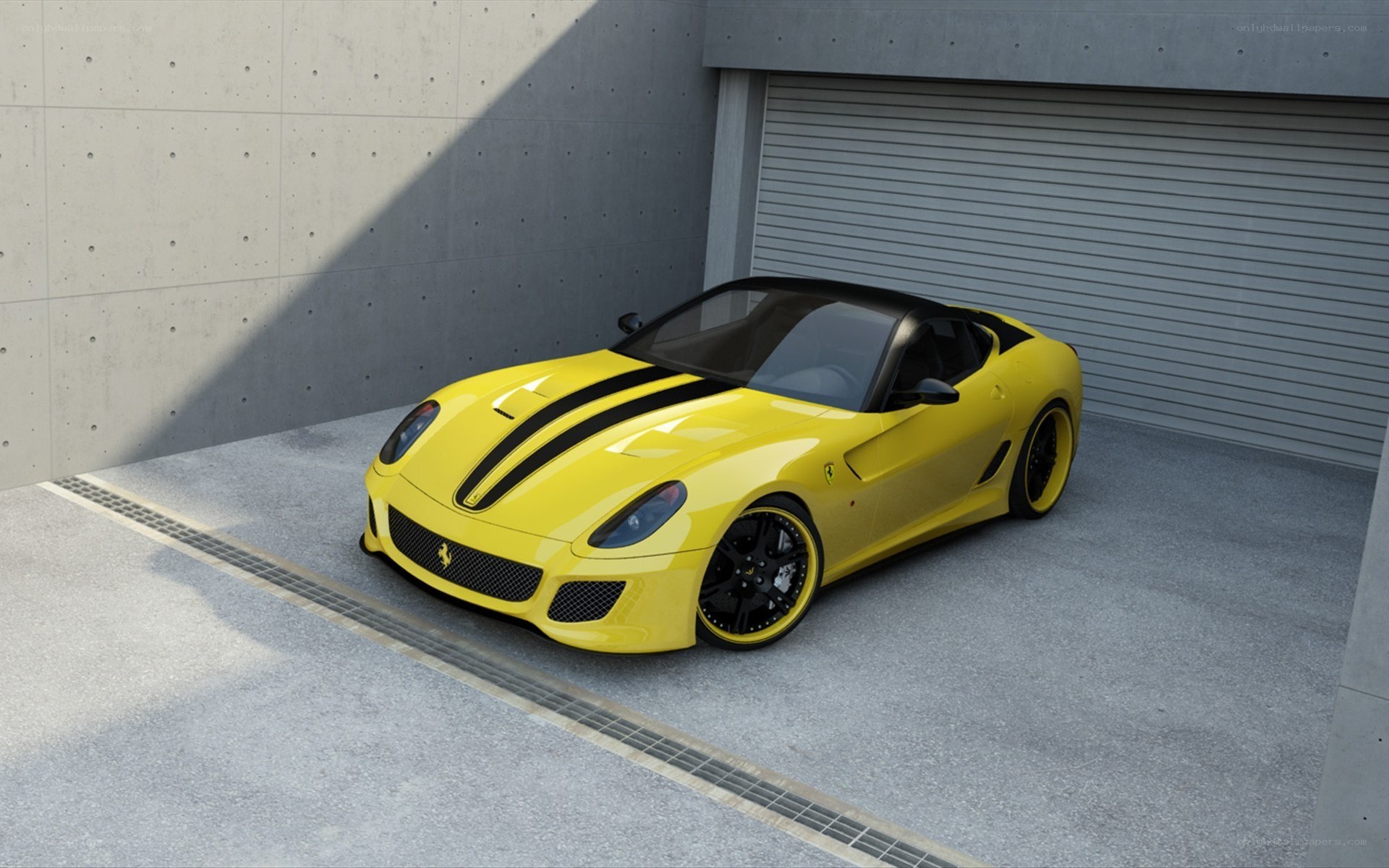 Yellow Ferrari in garage