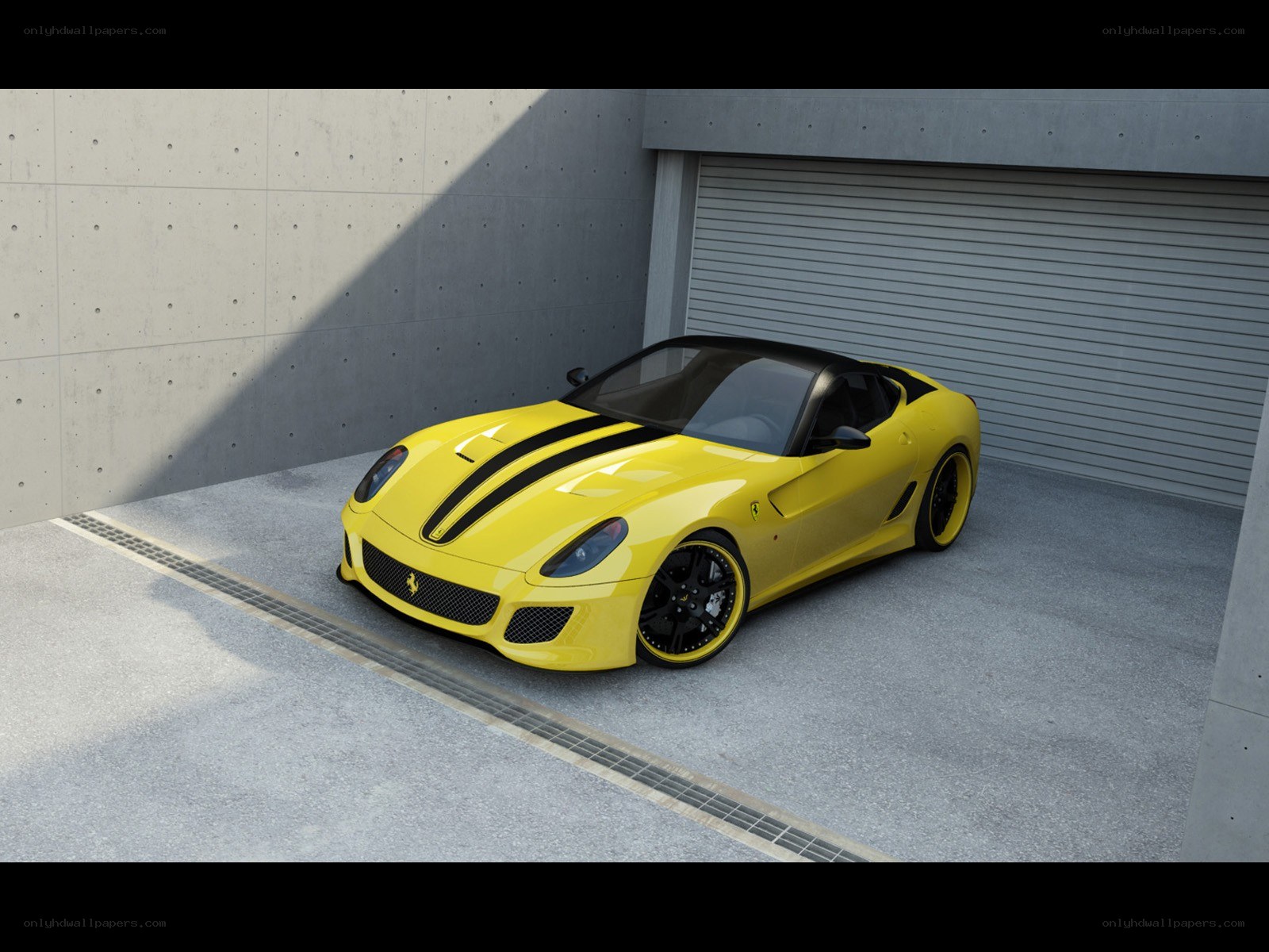 Yellow Ferrari in garage