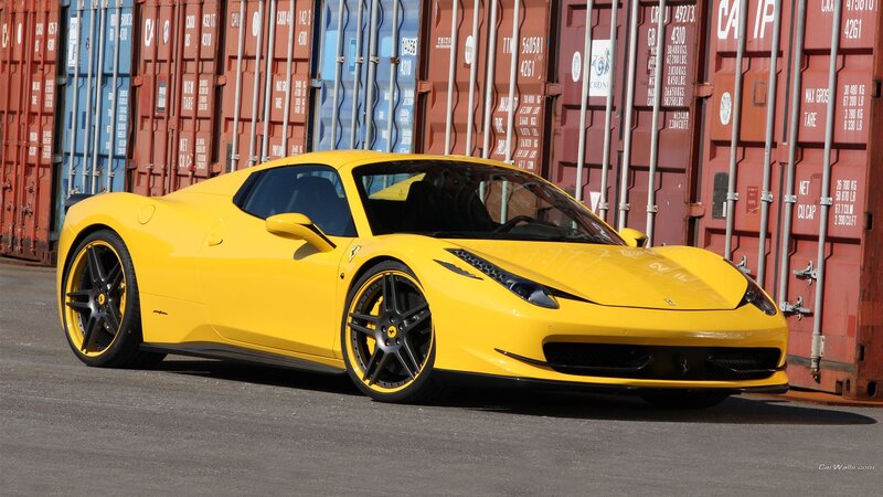 Yellow Ferrari in shipping yard