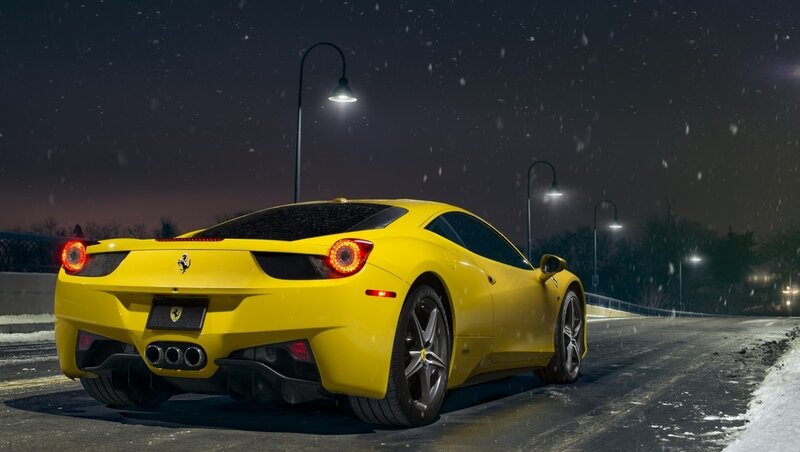 Yellow Ferrari in Snow