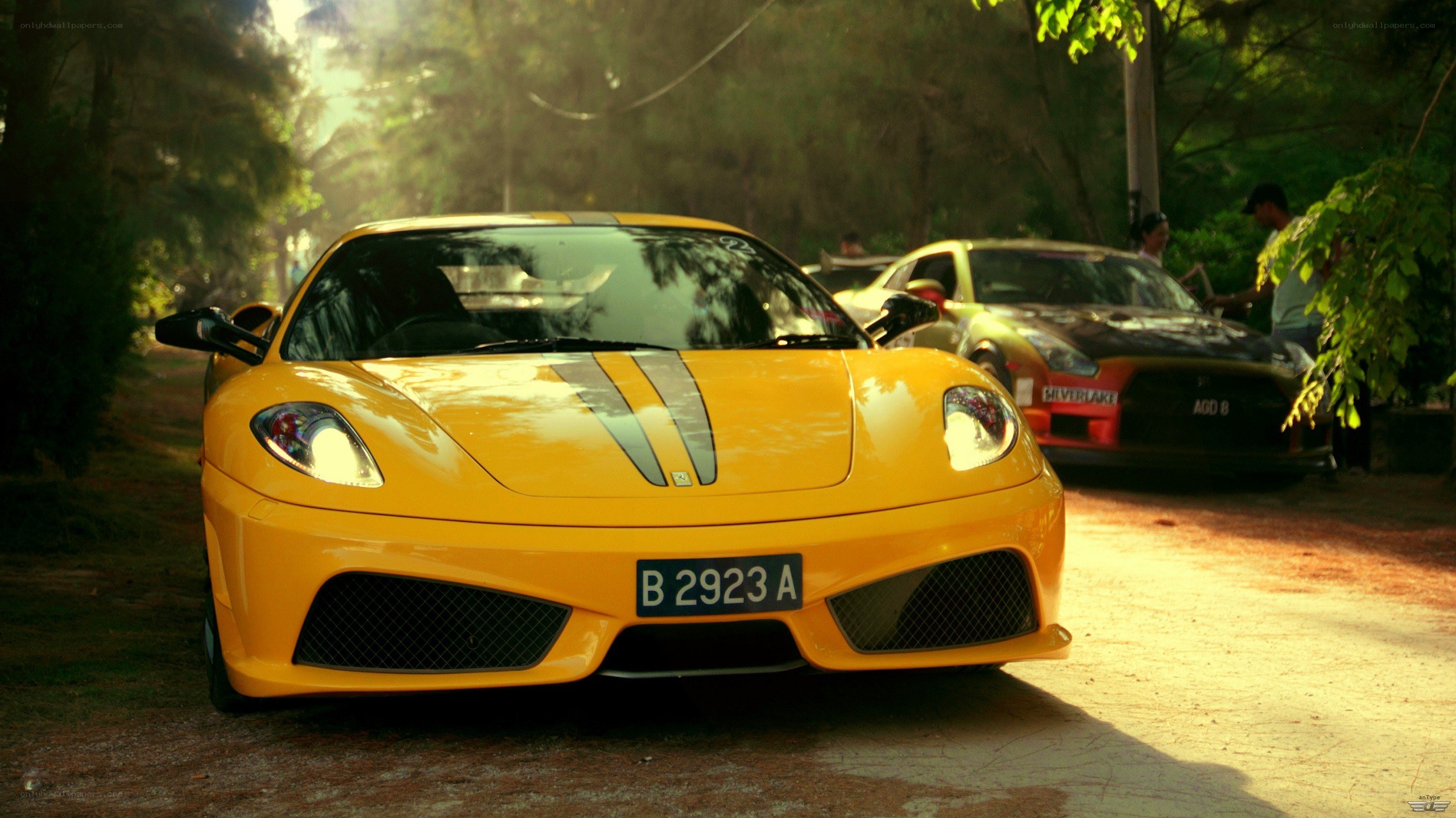 Yellow Ferrari on a forest road