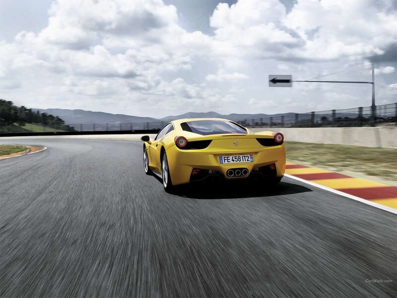 Yellow Ferrari on Track — Dynamic, Afternoon, Photograph, Race Track, Mountains
