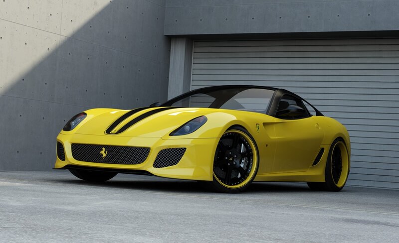 Yellow Ferrari Sports Car — Dramatic, Afternoon, 3d Render, Concrete Wall, Garage Door, Black Wheels