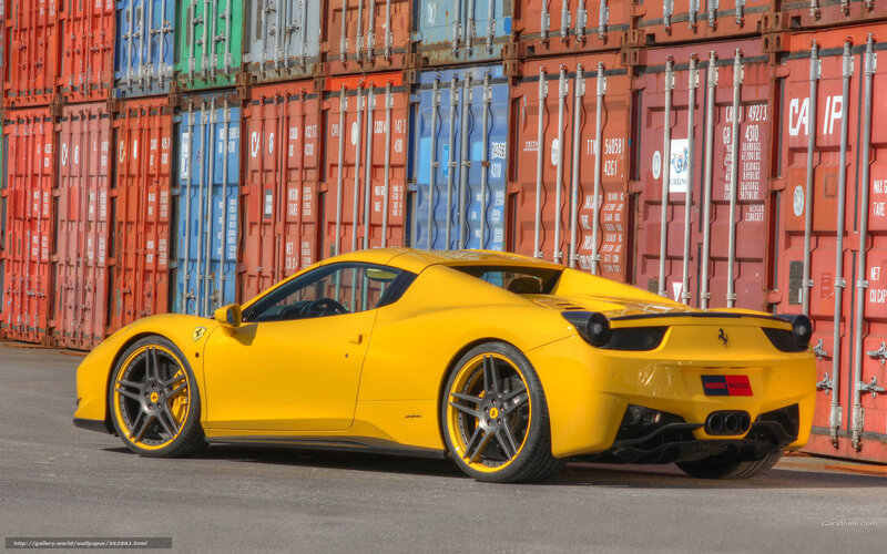 Yellow Ferrari Sports Car — Dramatic, Afternoon, Photograph, Shipping Containers, Road