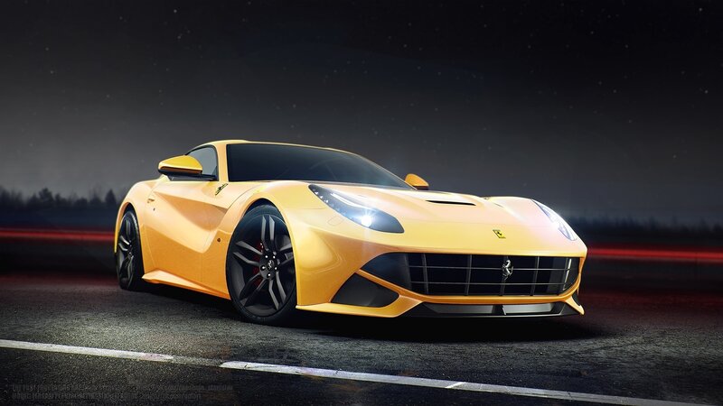 Yellow Ferrari Sports Car — Dramatic, Night, Digital Art
