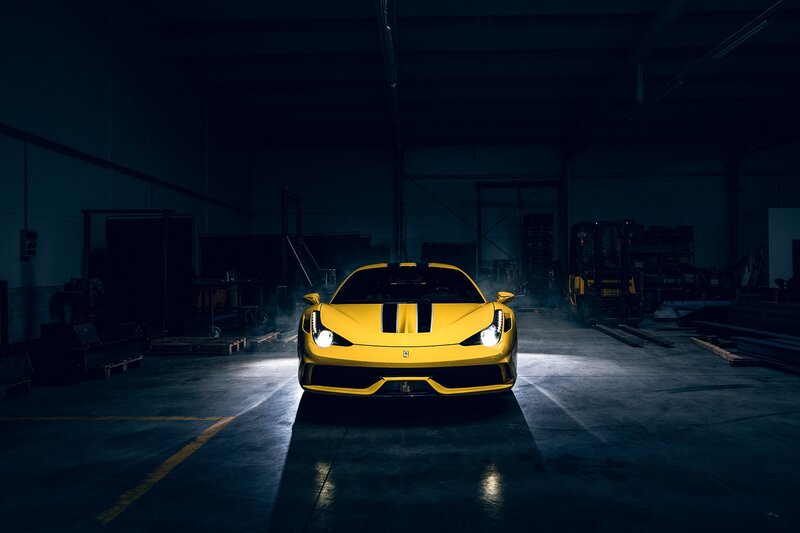 Yellow Ferrari Sports Car — Dramatic, Night, Photograph, Forklift