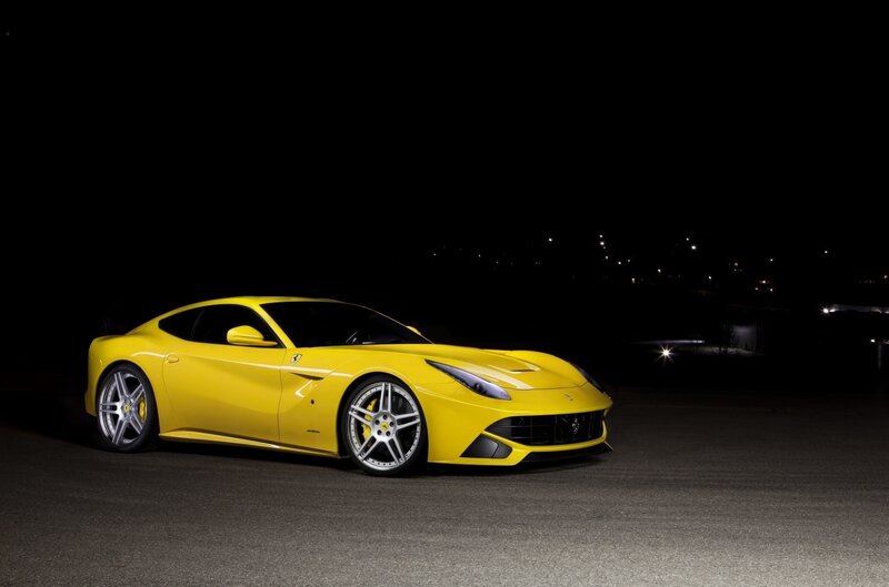 Yellow Ferrari Sports Car — Dramatic, Night, Photograph, Road, Lights