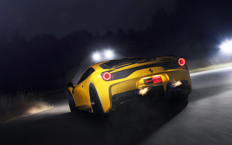 Yellow Ferrari Sports Car — Dramatic, Night, Photograph