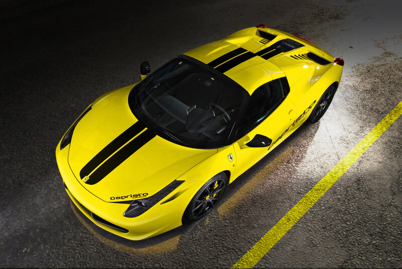 Yellow Ferrari Sports Car — Dramatic, Photograph, Black Stripes