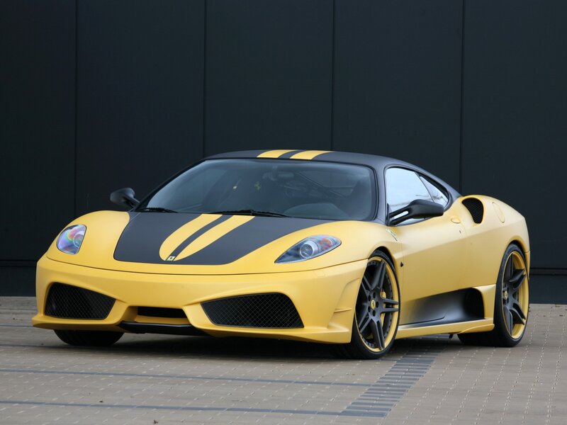 Yellow Ferrari Sports Car — Dramatic, Photograph, Stripes, Tires, Black