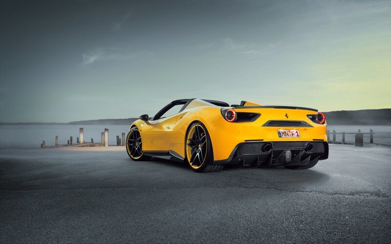 Yellow Ferrari Sports Car — Dramatic, Sunset, Photograph, Pier
