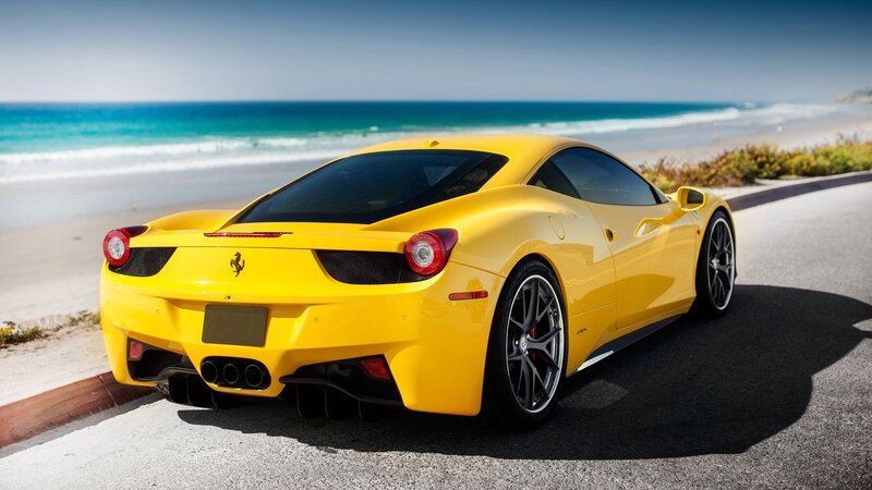 Yellow Ferrari Sports Car — Serene, Afternoon, Photograph, Ocean, Beach, Road, Blue, Black