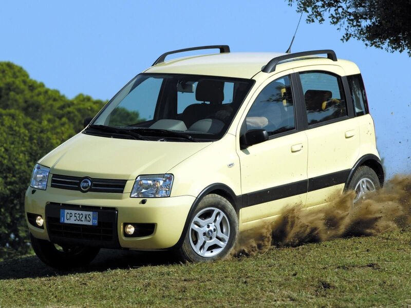 Yellow Fiat Panda driving on dirt