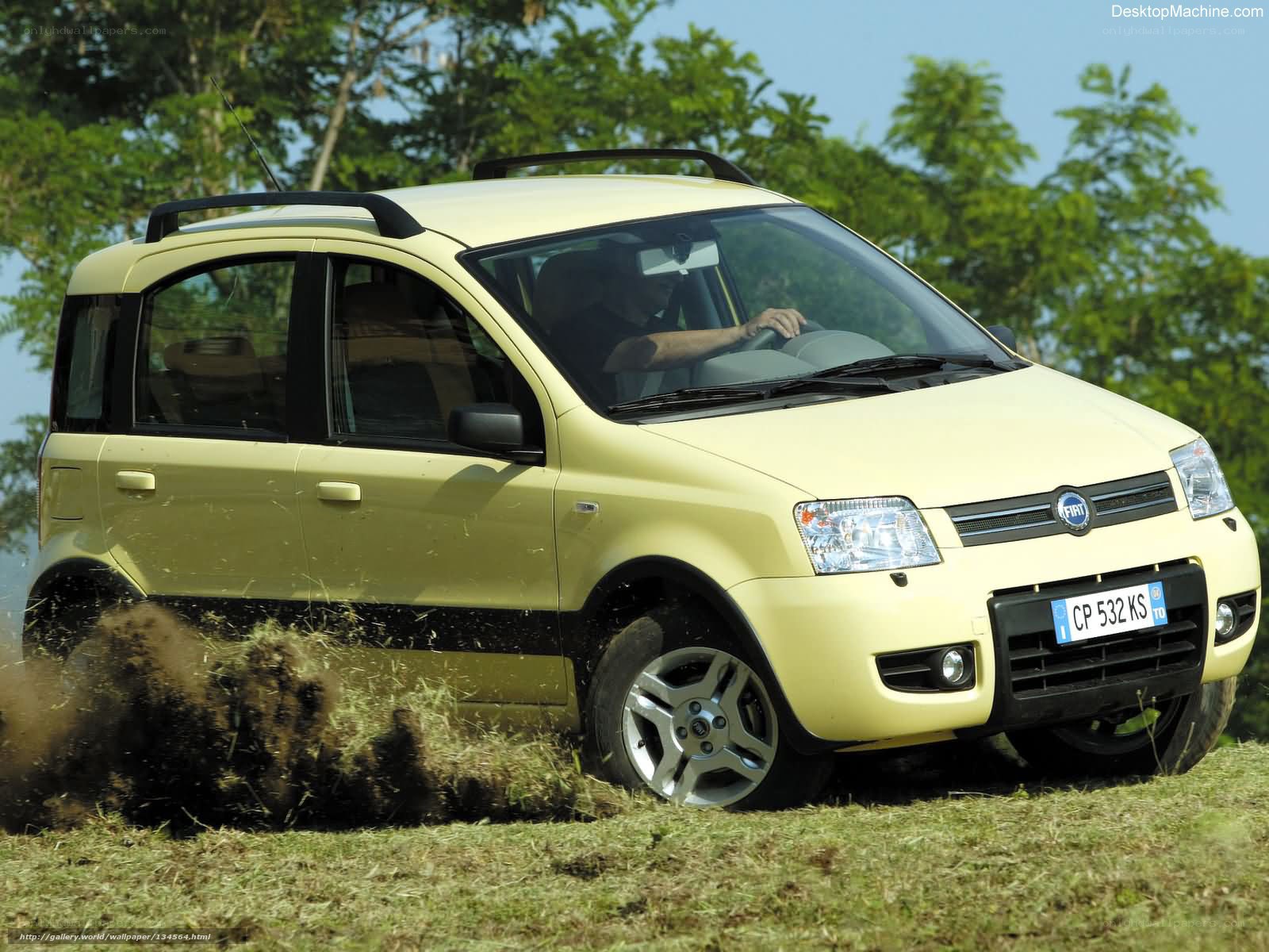 Yellow Fiat Panda driving on grass