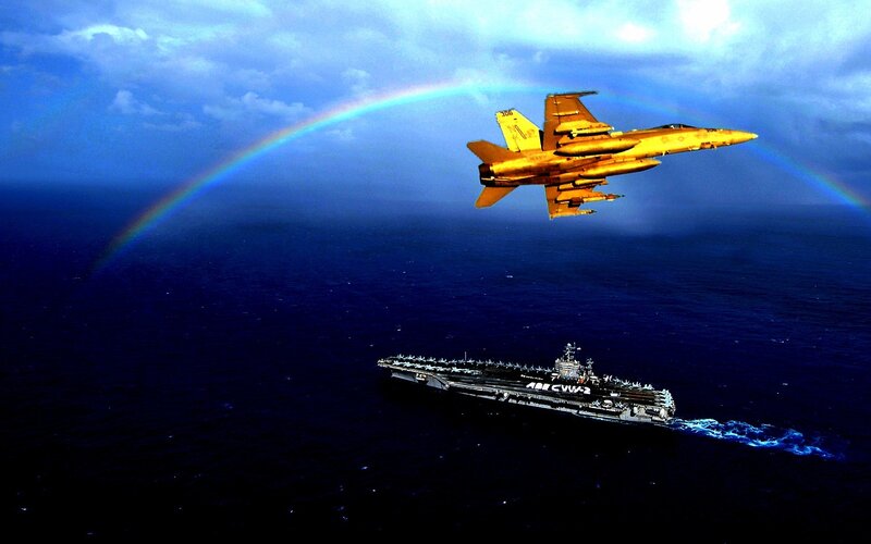 Yellow Fighter Jet over Ship