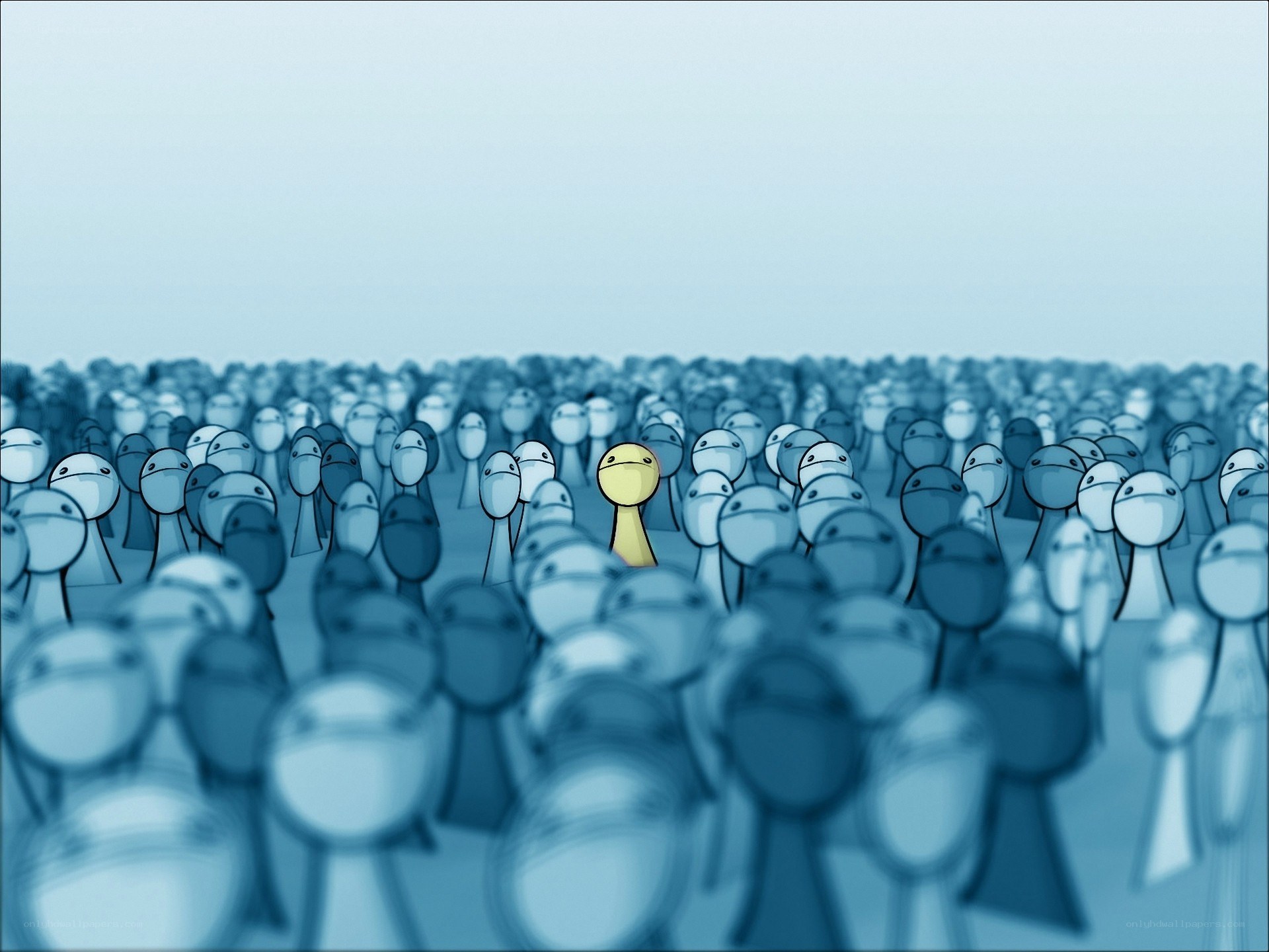 yellow figure in blue crowd