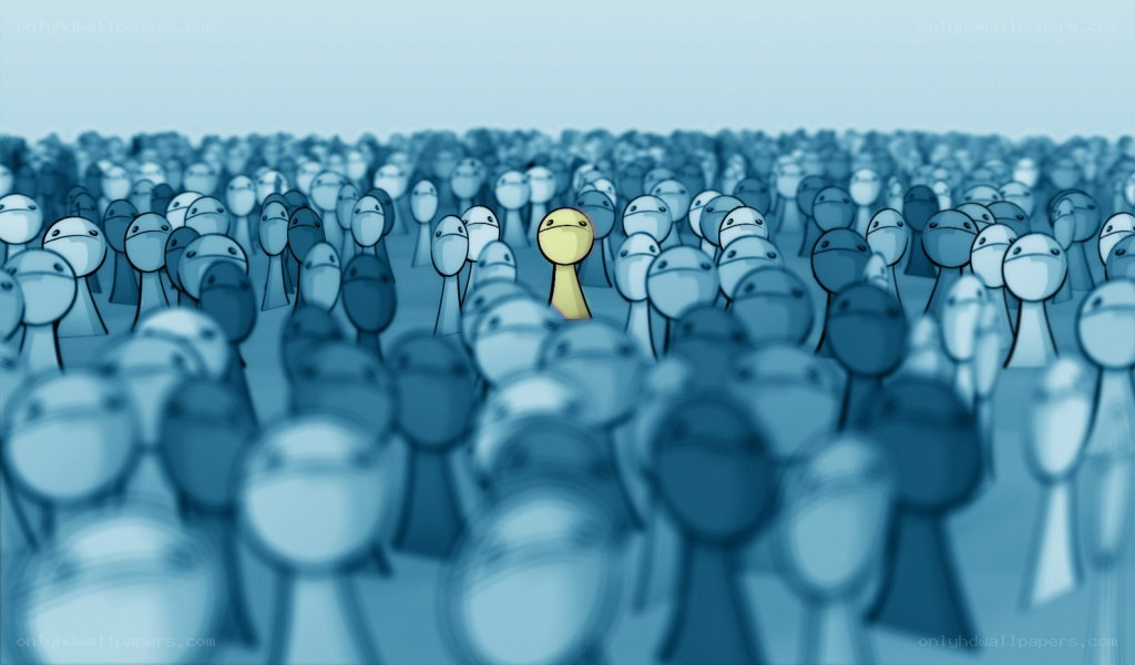 yellow figure in blue crowd