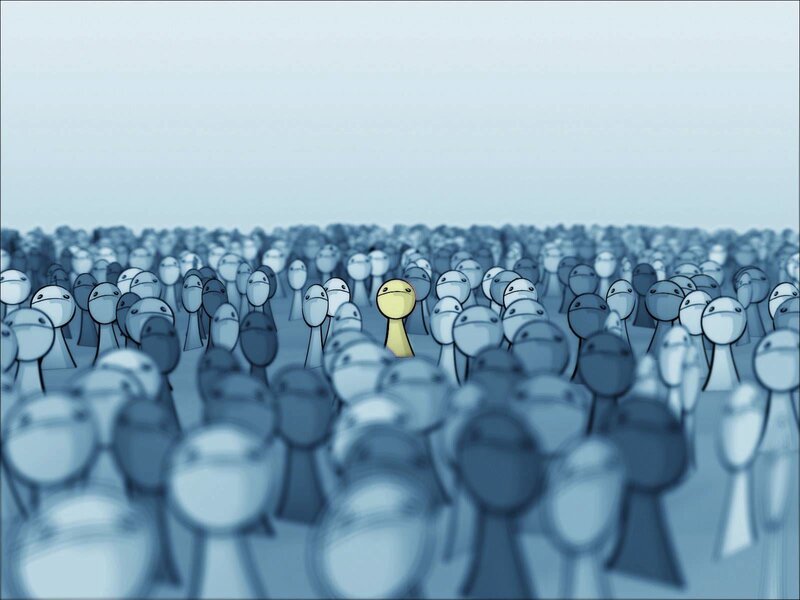 Yellow Figure in Crowd — Blue, Neutral, Digital Art