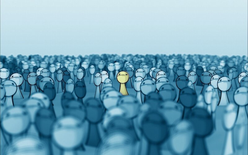 Yellow Figure in Crowd — Blue, Thoughtful